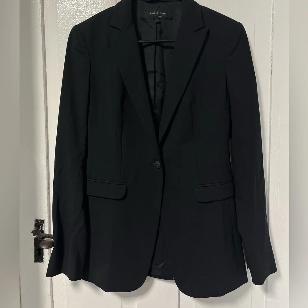 Rag & Bone Black Wool Blend Stretch One Button blazer with logo buttons size 0